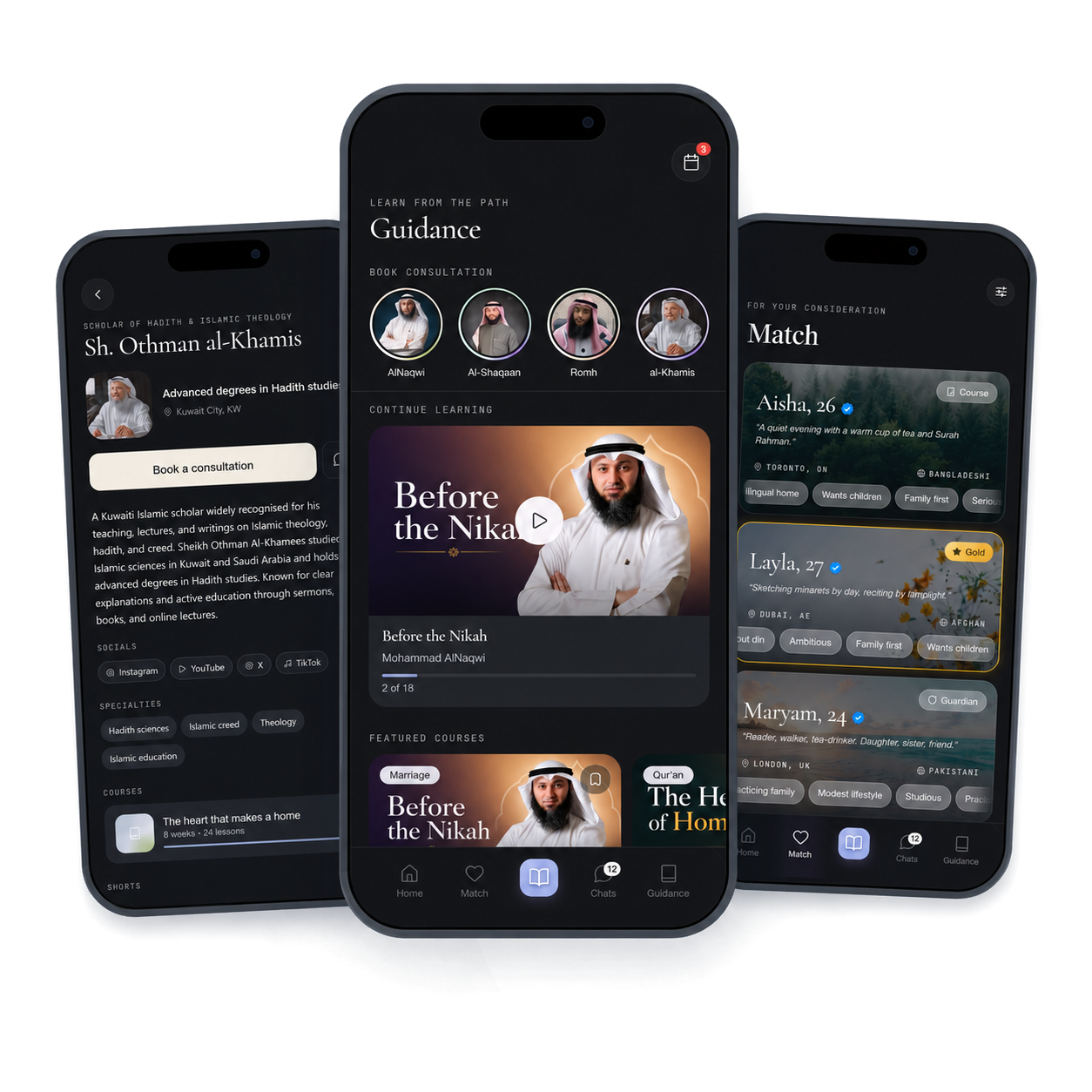 Qurrat3 app preview: the Guidance, Match and scholar profile screens